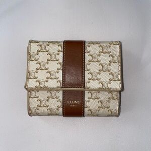 Authentic Celine Cream Canvas Wallet with Brown Leather
